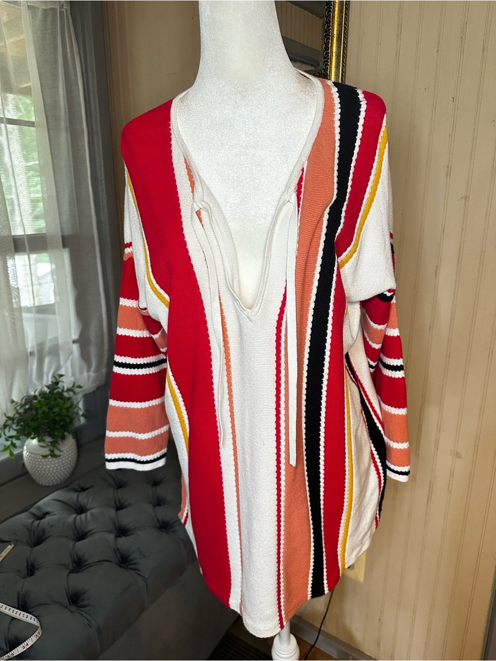 LOFT Ann Taylor Striped Cotton Tunic Sweater Large Tie Neck 3/4 Sleeve Boho